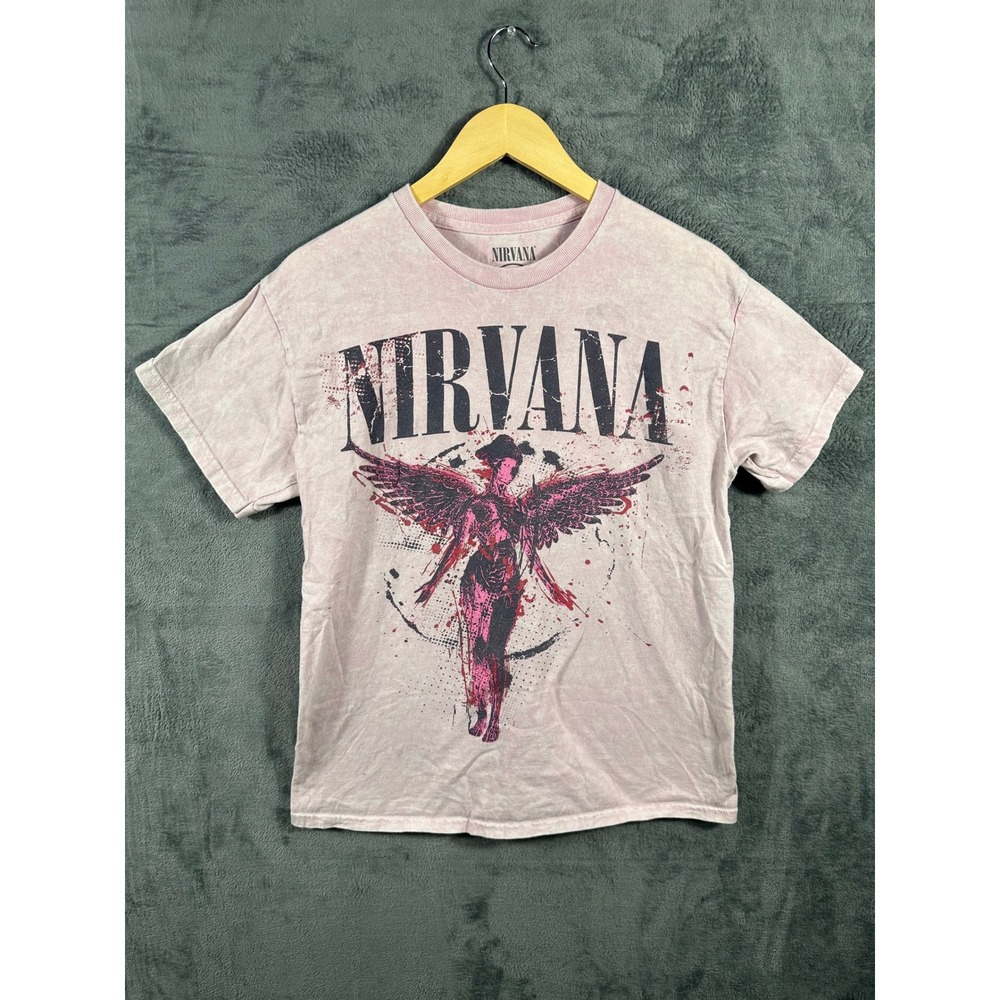 Nirvana In Utero Angel Graphic T-Shirt Pink Acid Wash Grunge Rock Tee Medium